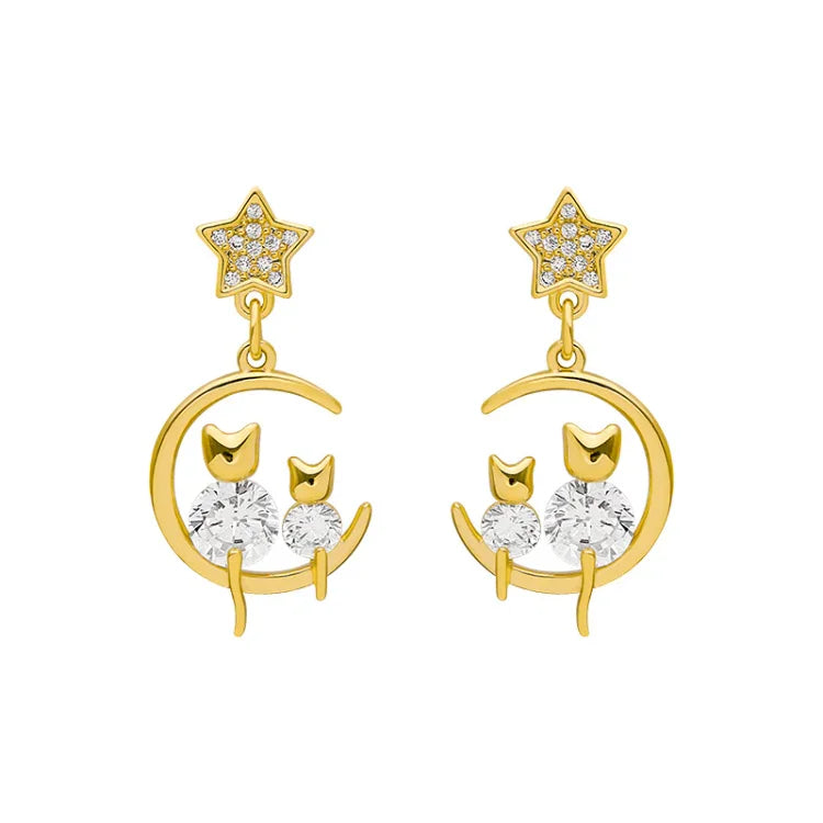 Gold Cat Ear Earrings with Zirconia - Feline-The Livary