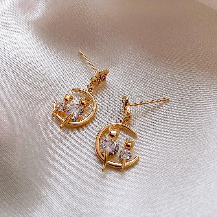 Gold Cat Ear Earrings with Zirconia - Feline-The Livary