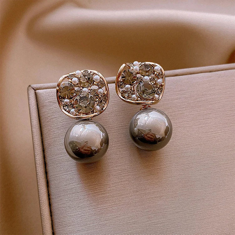 Grey/Taupe Luxury Crystal Pearl Earrings - Eloria-Grey-The Livary