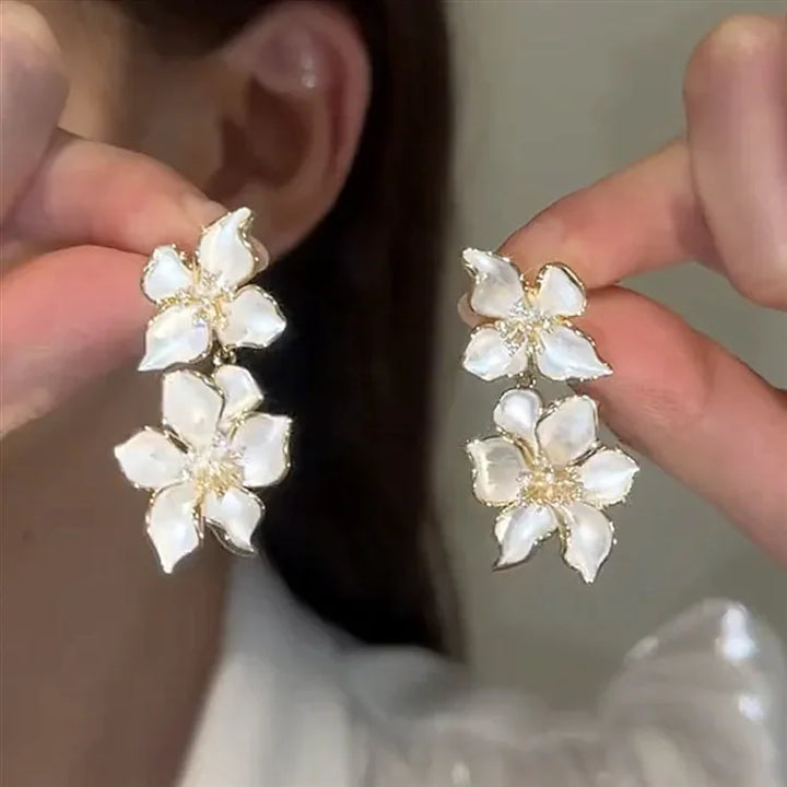 White Flower Hanging Earrings - Florina-The Livary