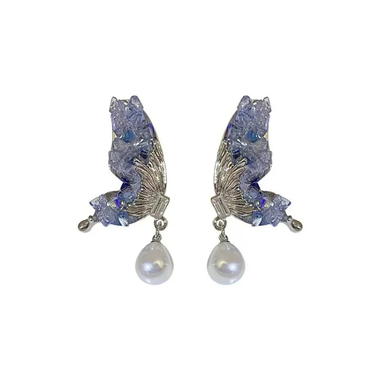 Blue Crystal Butterfly Wing Earrings with Pearl - Liora-The Livary