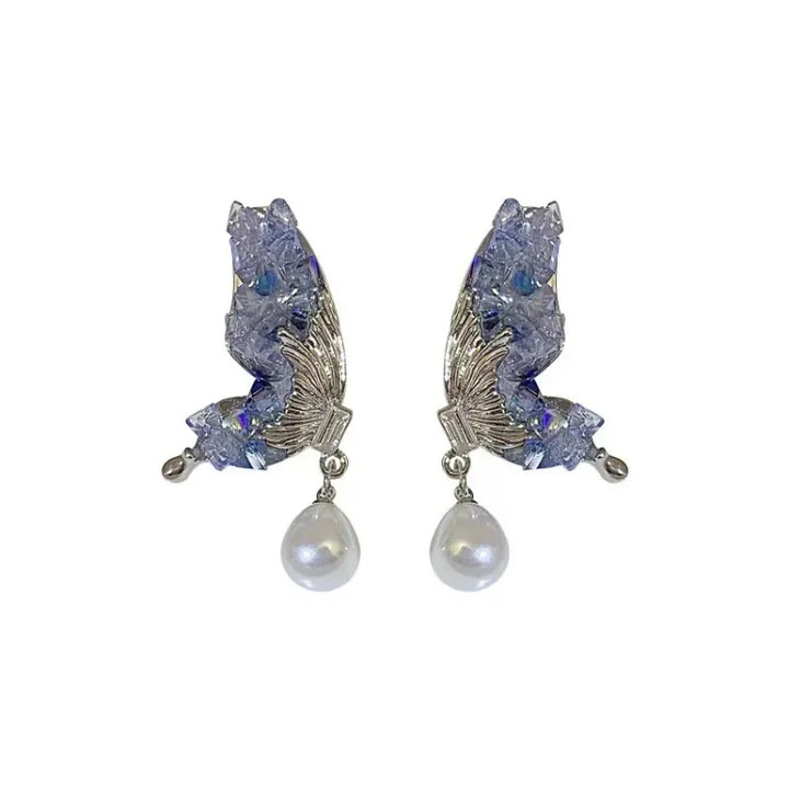 Blue Crystal Butterfly Wing Earrings with Pearl - Liora-The Livary