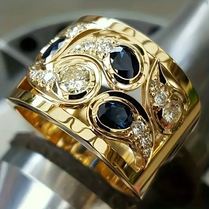 Golden Ring with Blue Vintage Crystals - Elara-6-The Livary