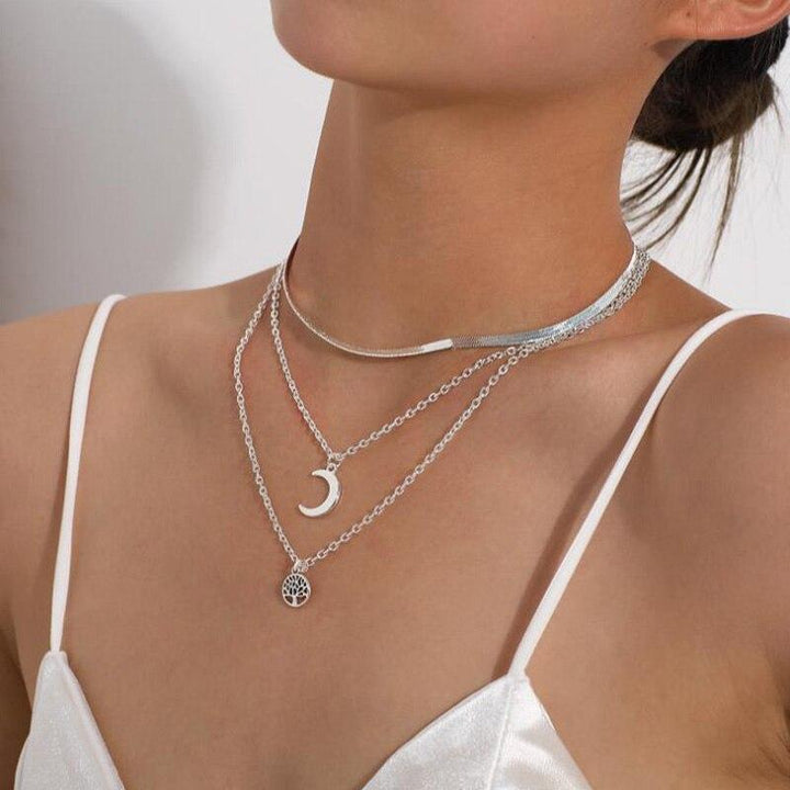 Tree of Life & Half Moon Multilayer Necklace - Selestina-Silver-The Livary