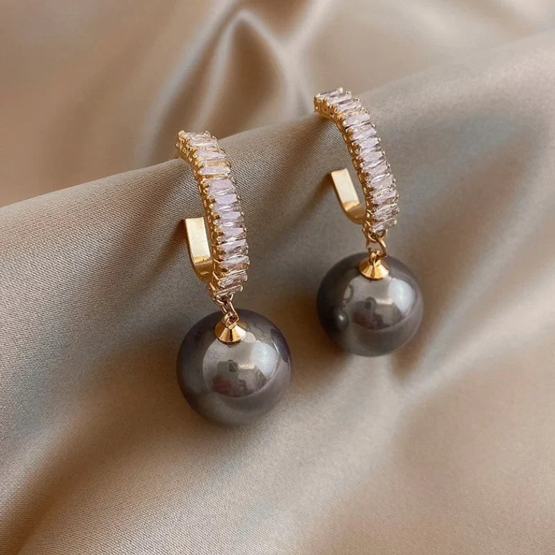 Luxury Pearl Earrings with Zirconia - Delphine-Grey-The Livary