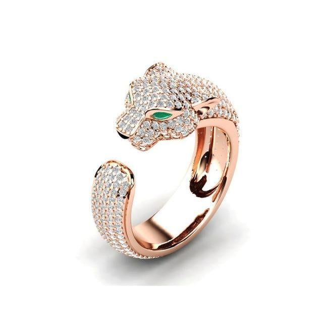 Adjustable Ring in 18K Silver and Rose Gold with Green Zirconia Eyes - Jaguar Ring™-Rosé Gold-The Livary