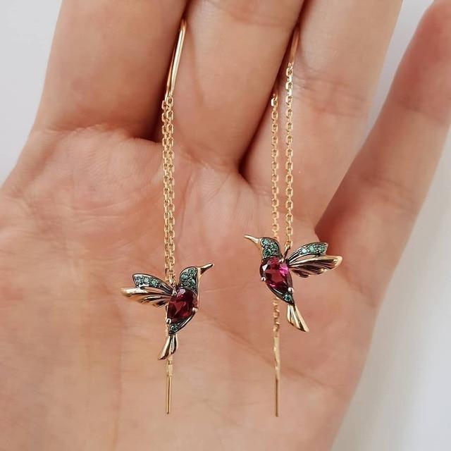 Cute Hummingbird Enamel Earrings with Zirconia - Amalia-Red-The Livary