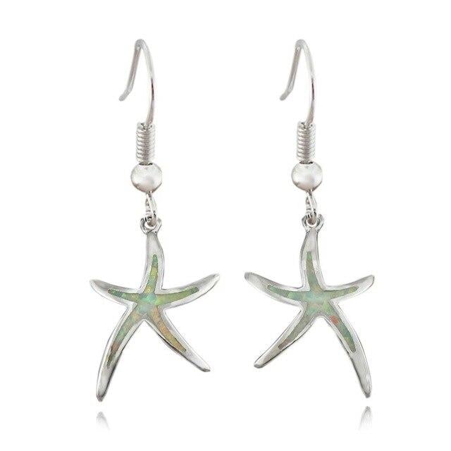 Silver Starfish Earrings with Opal - Arielle-White-The Livary