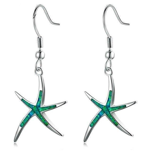 Silver Starfish Earrings with Opal - Arielle-Green-The Livary