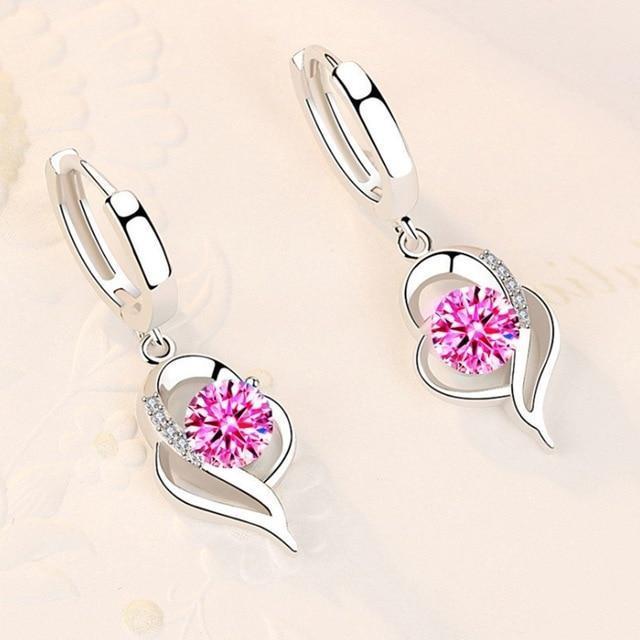 Silver Earrings with Zirconia Inlaid Flowers - Amelina-Pink-The Livary