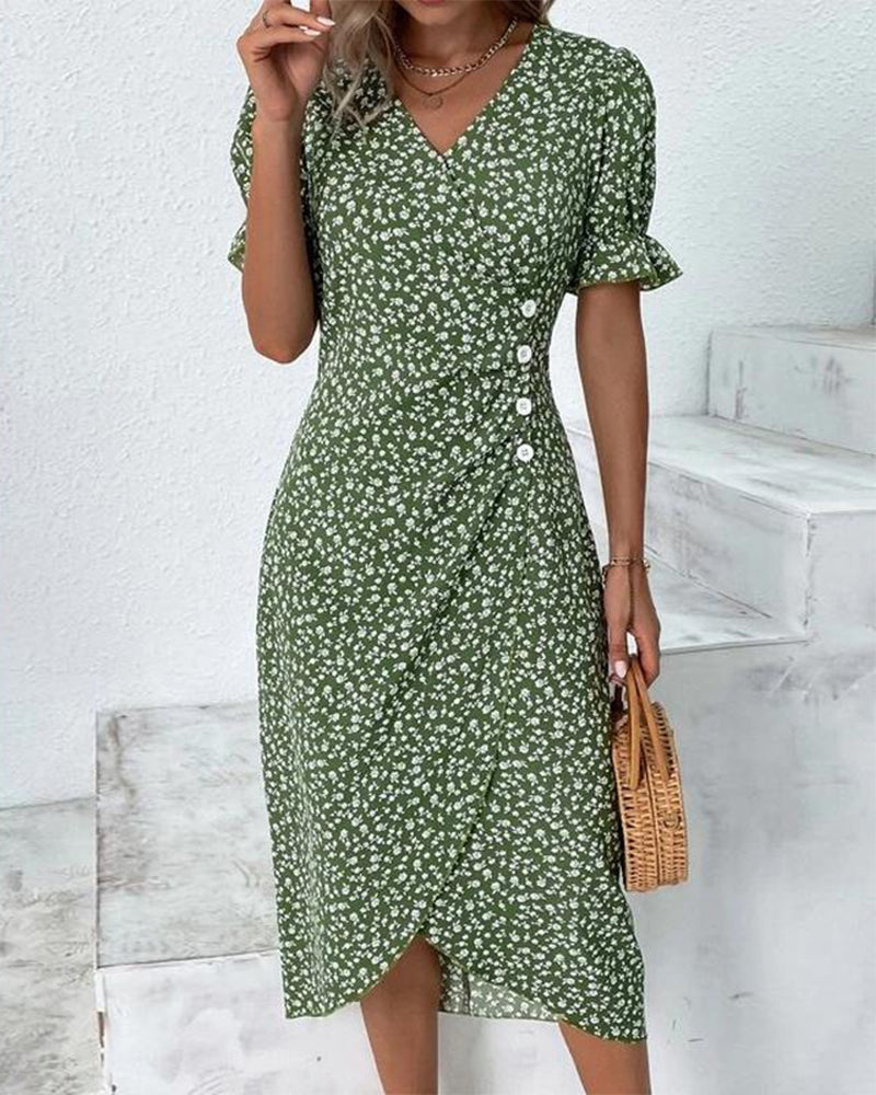 Button dress with V-neck & short sleeves – Luisa-Green-S-The Livary