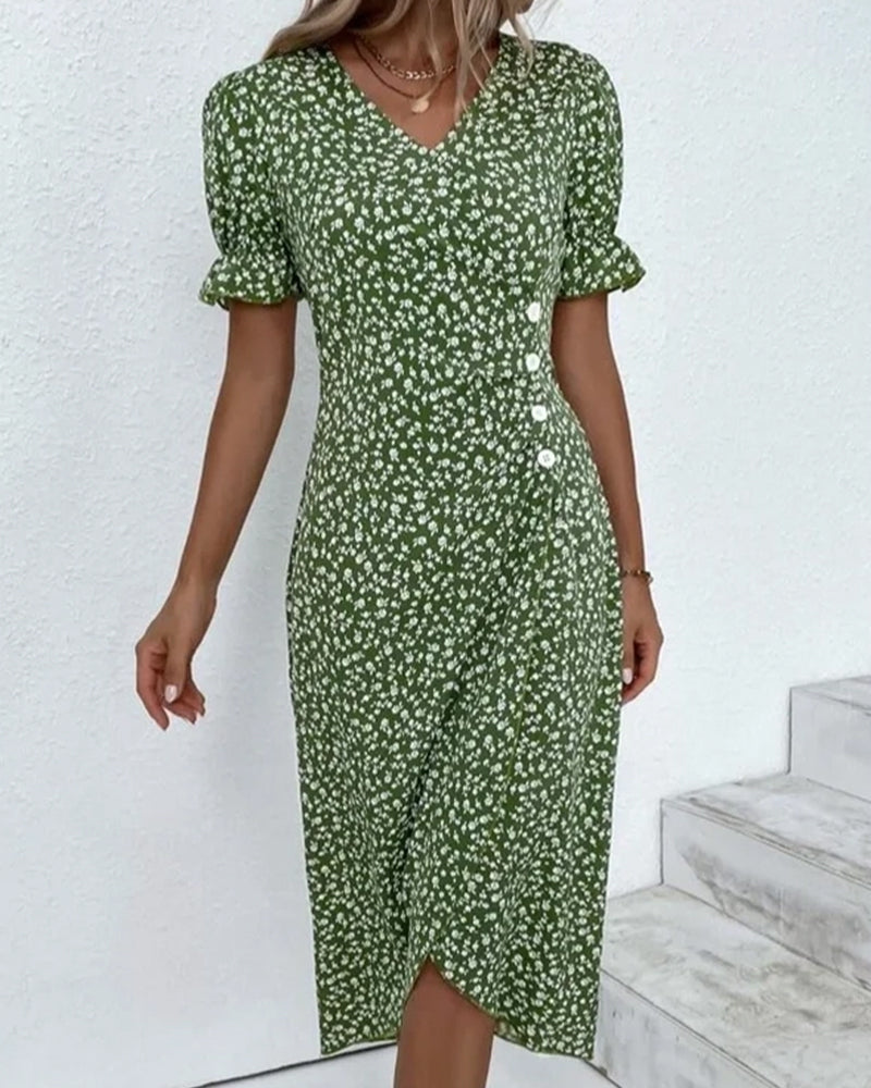 Button dress with V-neck & short sleeves – Luisa-Green-S-The Livary