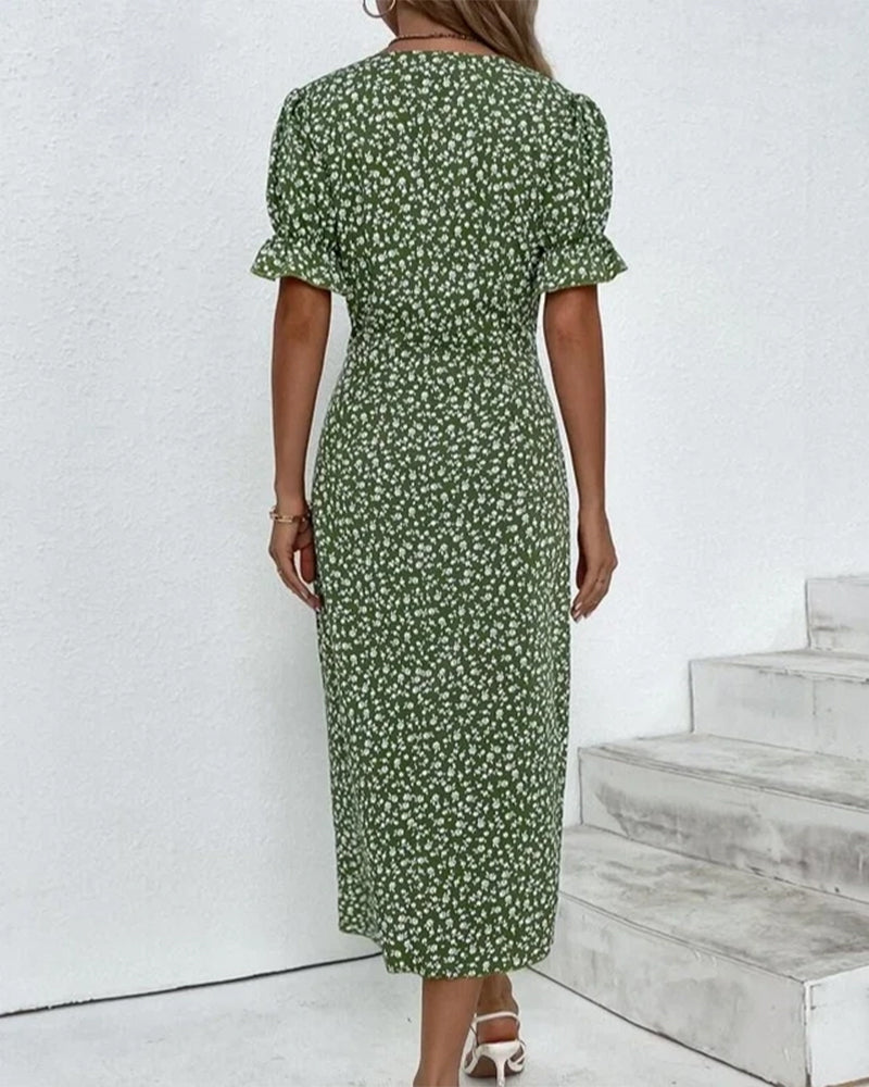 Button dress with V-neck & short sleeves – Luisa-Green-S-The Livary