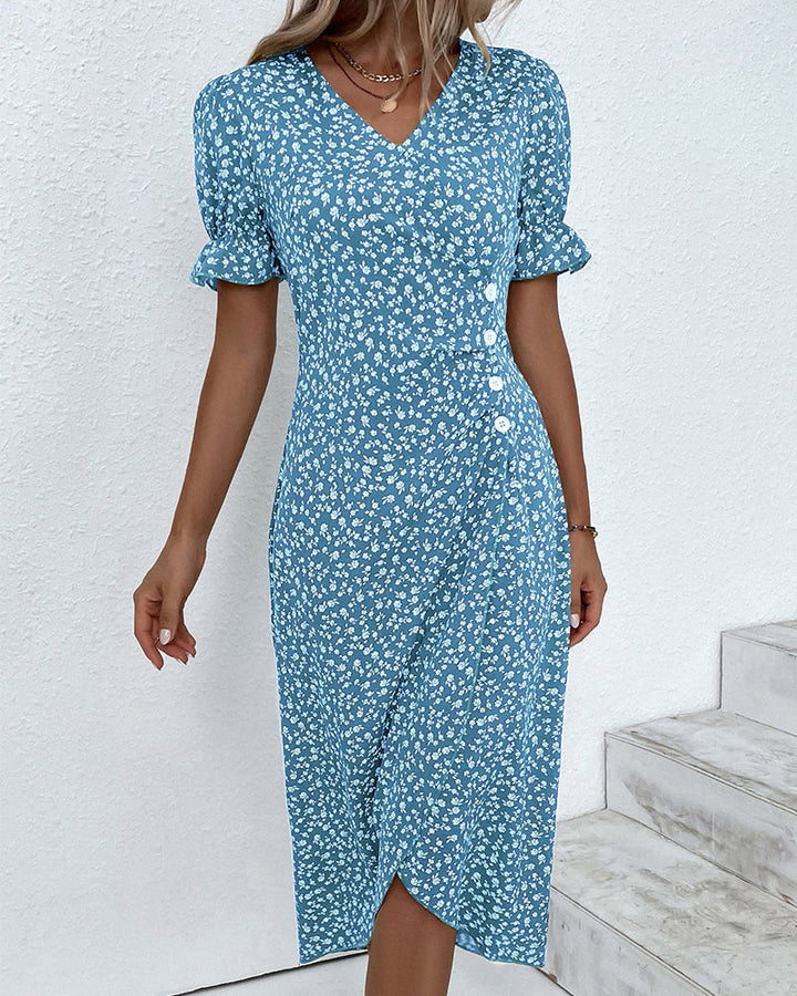 Button dress with V-neck & short sleeves – Luisa-Green-S-The Livary