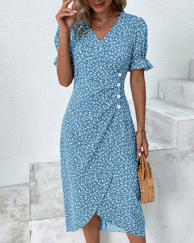 Button dress with V-neck & short sleeves – Luisa-Blue-S-The Livary