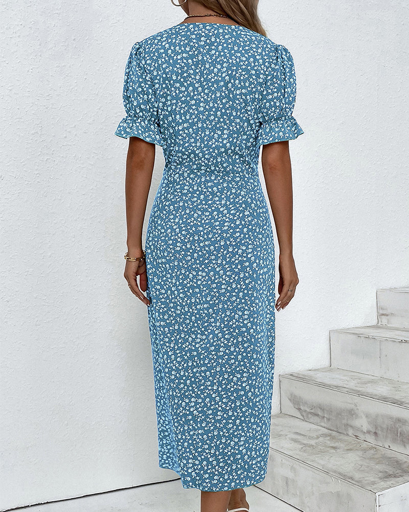 Button dress with V-neck & short sleeves – Luisa-Green-S-The Livary