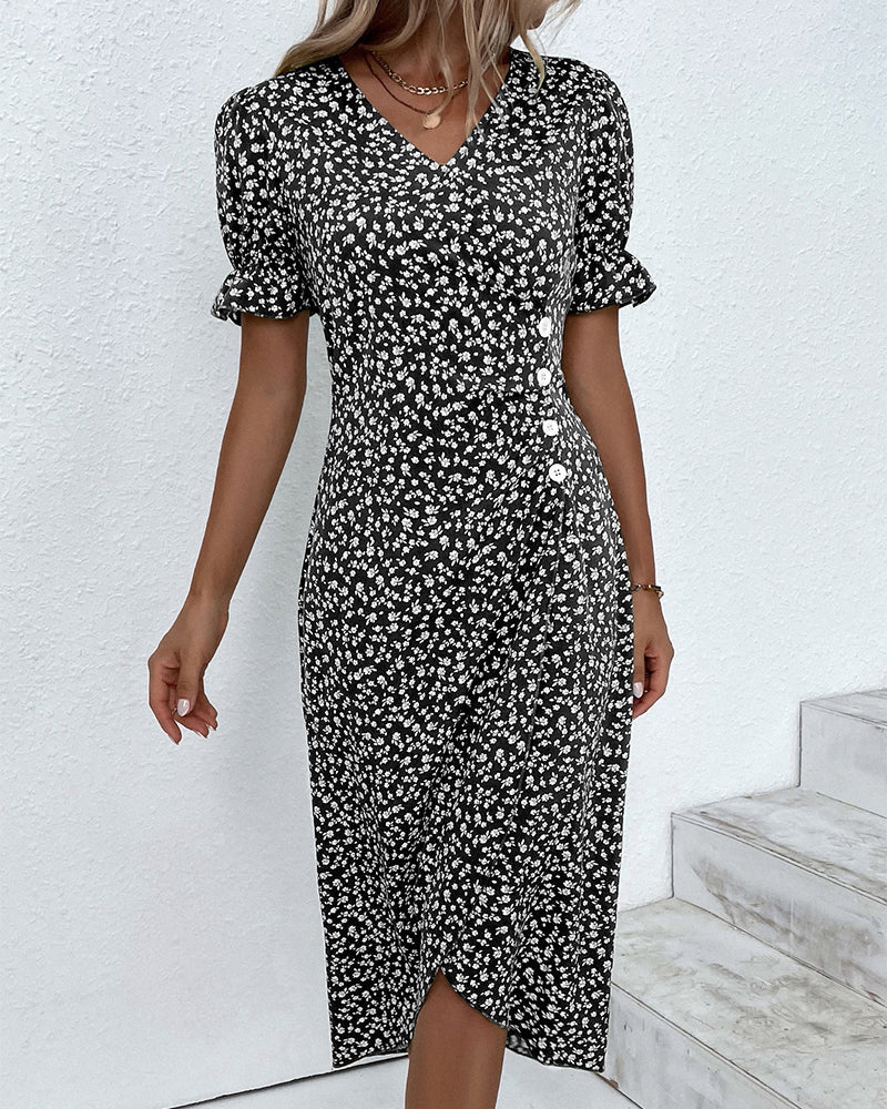 Button dress with V-neck & short sleeves – Luisa-Green-S-The Livary