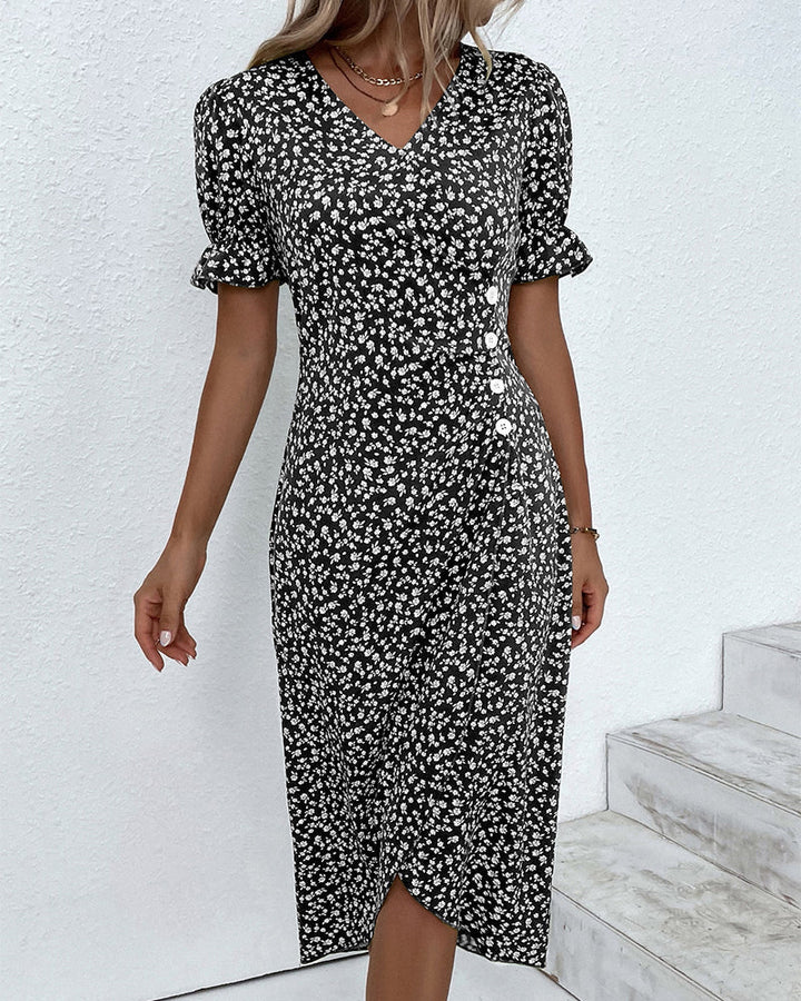 Button dress with V-neck & short sleeves – Luisa-Green-S-The Livary