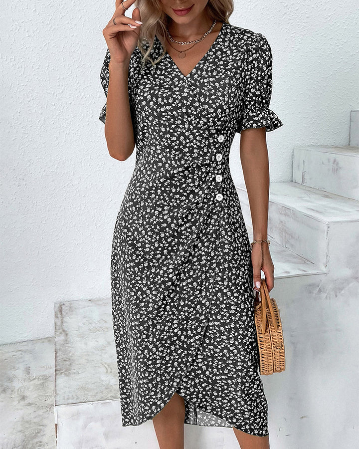 Button dress with V-neck & short sleeves – Luisa-Black-S-The Livary