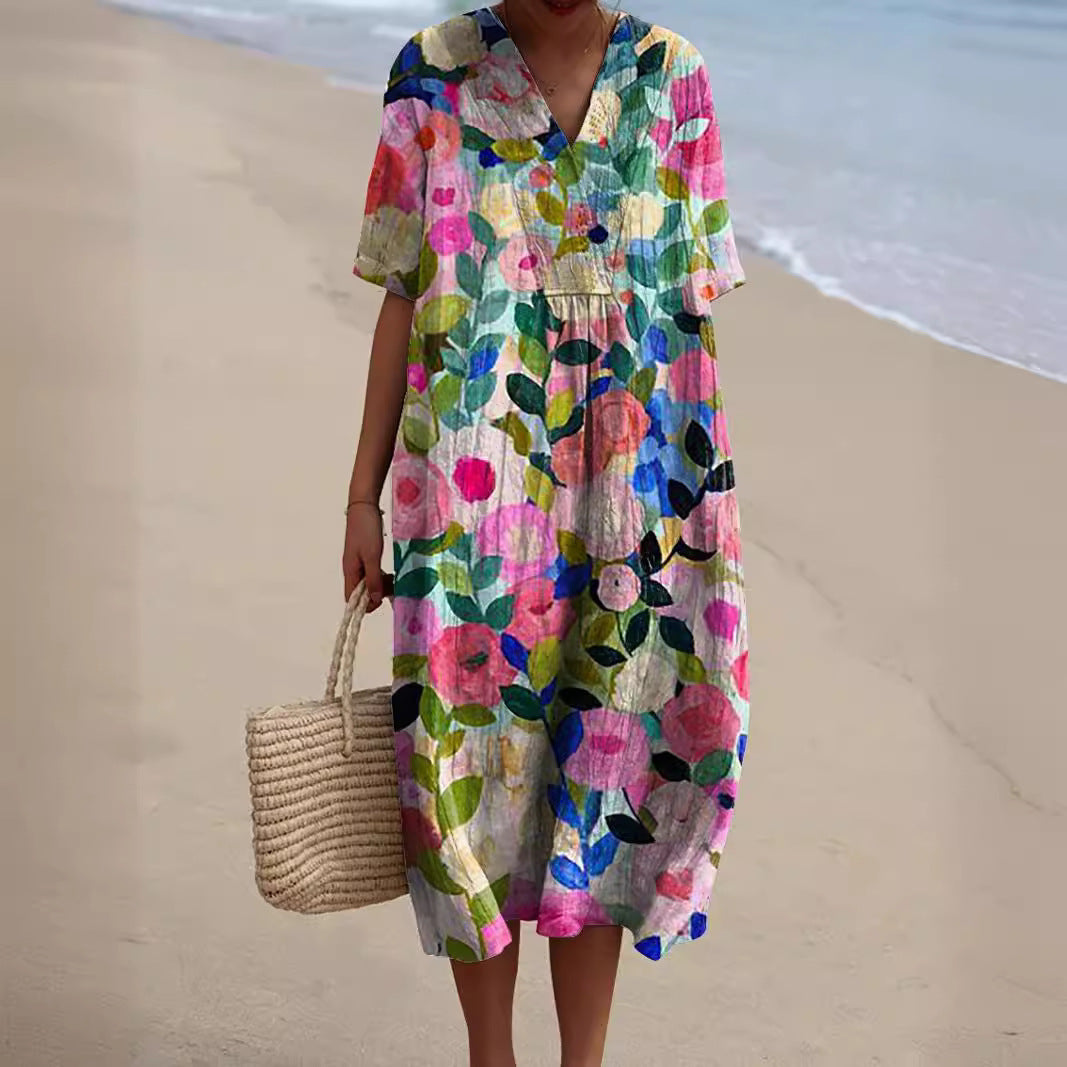 Light summer flower dress for women with V-neck and comfortable cut – Talia-Flowers-S-The Livary