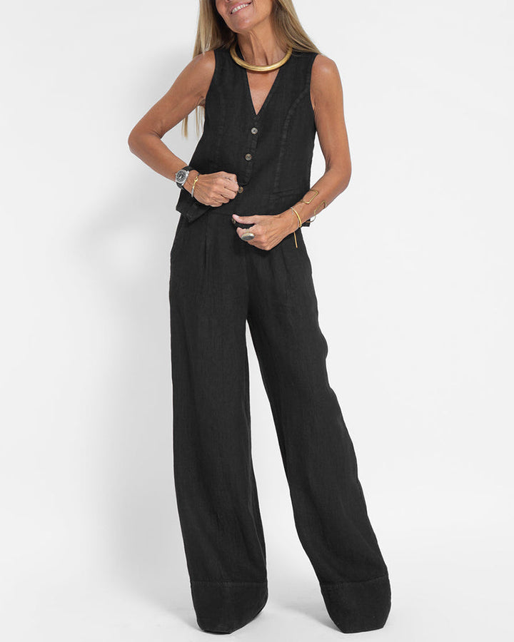 Linen 2-Piece Set with Wide Trousers and Jacket – Alma-Black-S-The Livary