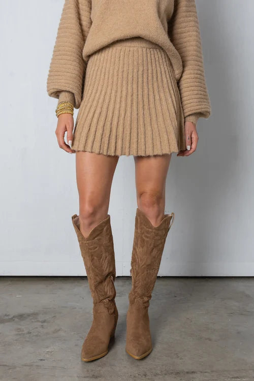 Trendy Pleated Sweater and Skirt Set - Isabella-Beige-XS-The Livary