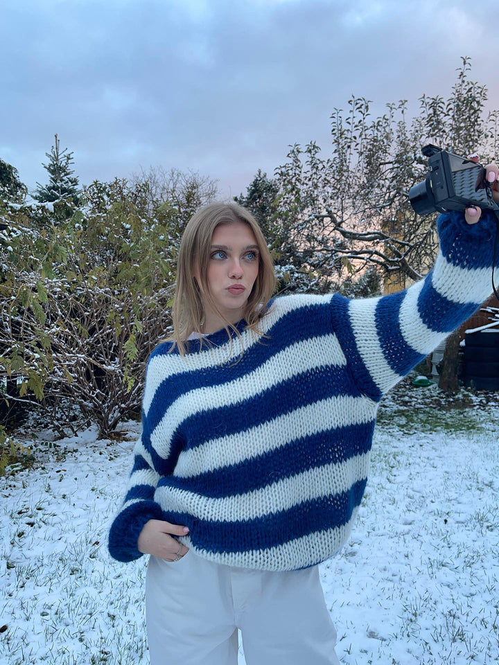 Knitted and Striped Oversized Women's Sweater - Harper-Blue and White-XS/S-The Livary