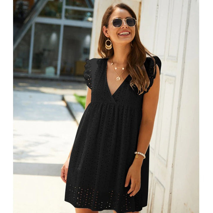 Trendy summer mini dress with ruffled sleeves – Elina-Black-XS-The Livary