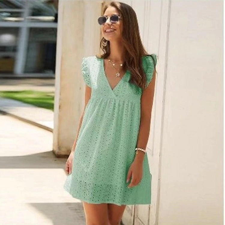 Trendy summer mini dress with ruffled sleeves – Elina-Light green-XS-The Livary