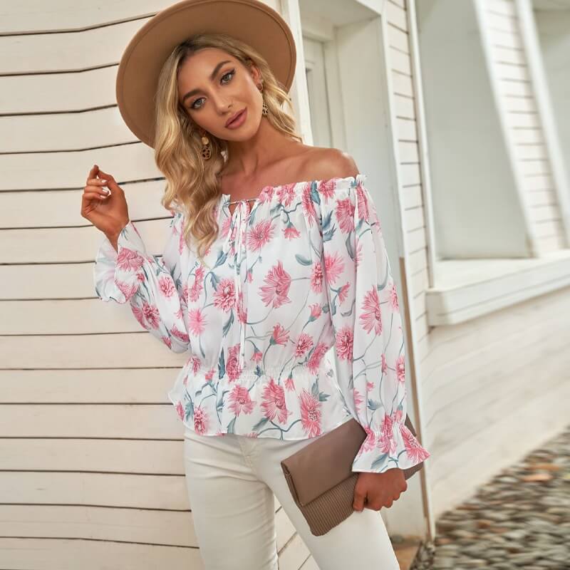 Floral Women's Chiffon Blouse with Ruffled Sleeves - Elvira-Beige-S-The Livary