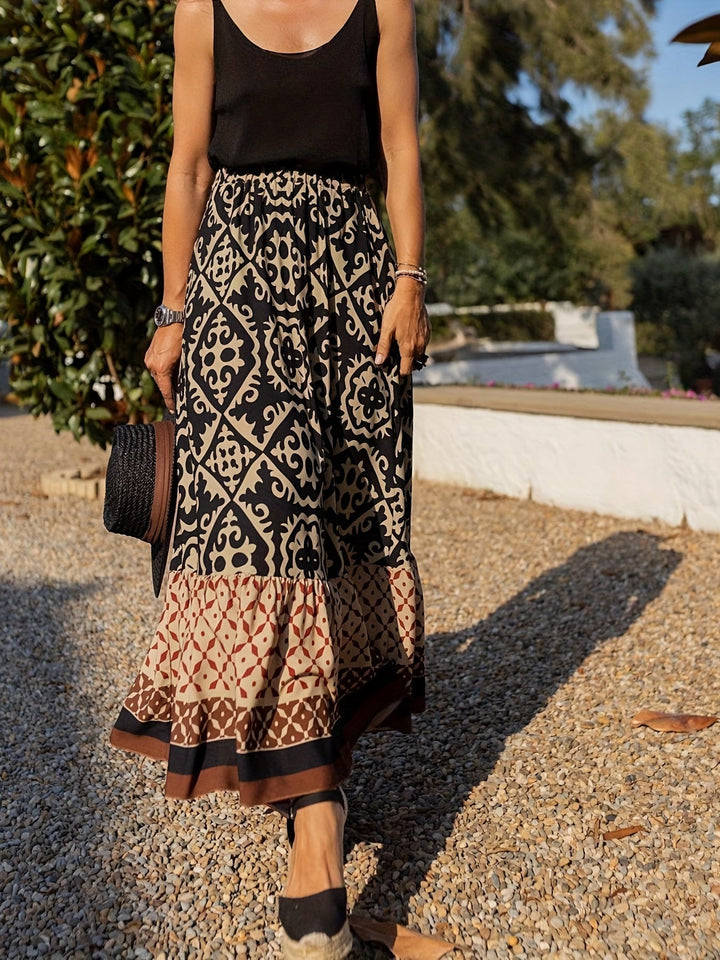 Printed Boho maxi skirt with a flowing cut & fringes – Yalina-Black-S-The Livary