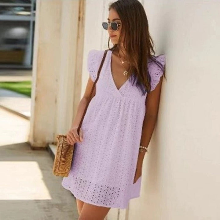 Trendy summer mini dress with ruffled sleeves – Elina-Lavender-XS-The Livary