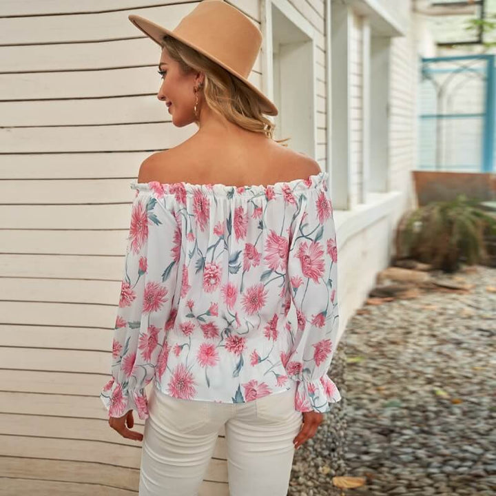 Floral Women's Chiffon Blouse with Ruffled Sleeves - Elvira-Beige-S-The Livary