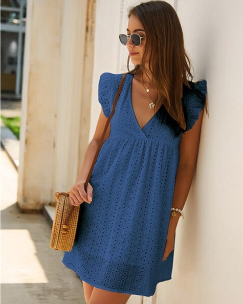 Trendy summer mini dress with ruffled sleeves – Elina-Black-XS-The Livary