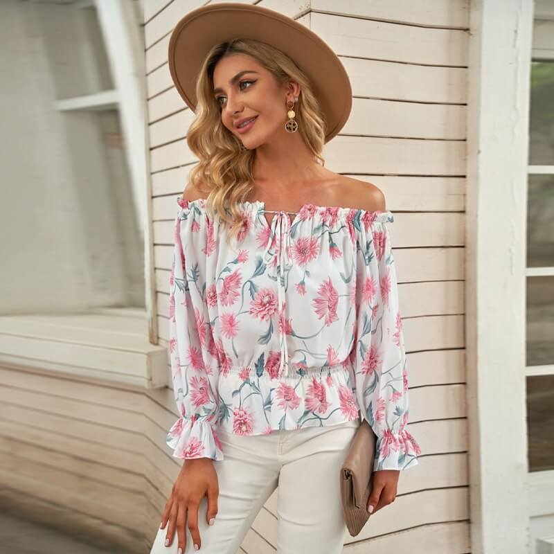 Floral Women's Chiffon Blouse with Ruffled Sleeves - Elvira-Beige-S-The Livary