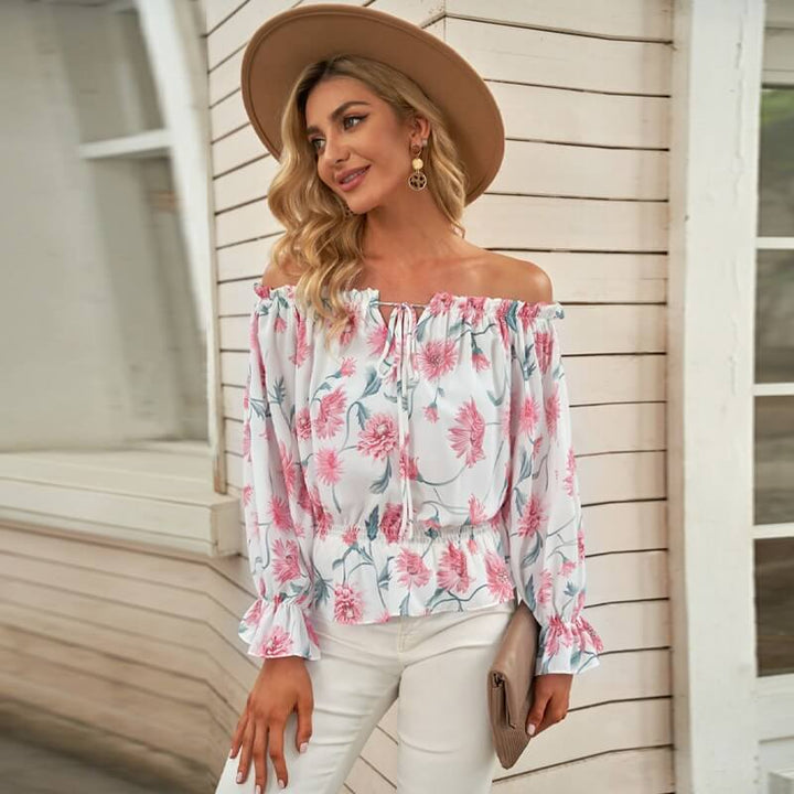 Floral Women's Chiffon Blouse with Ruffled Sleeves - Elvira-Beige-S-The Livary