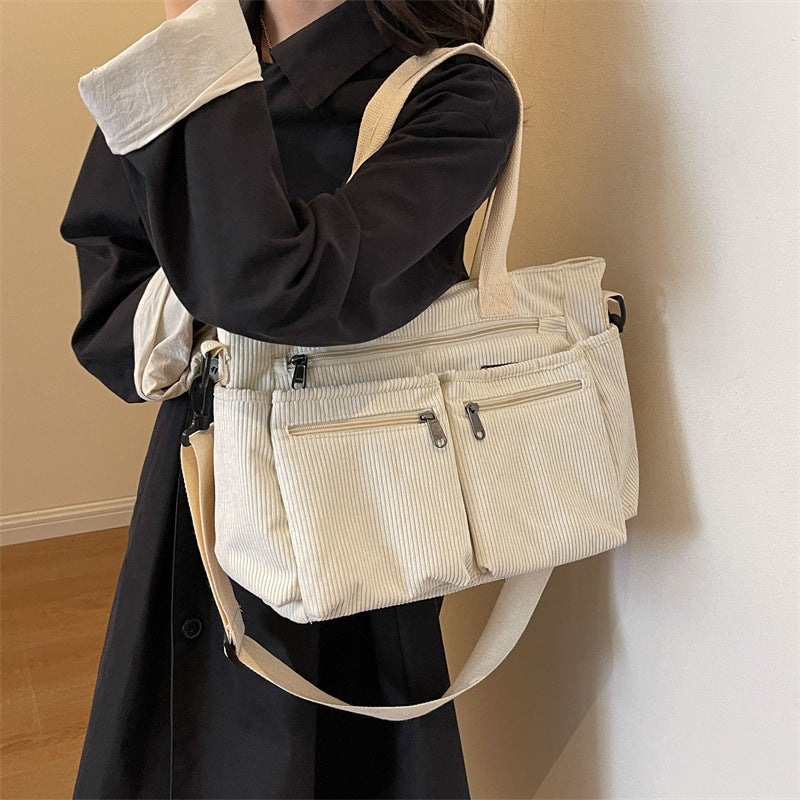 Trendy Corduroy Shoulder Bag - VelvetVogue-Beige-The Livary