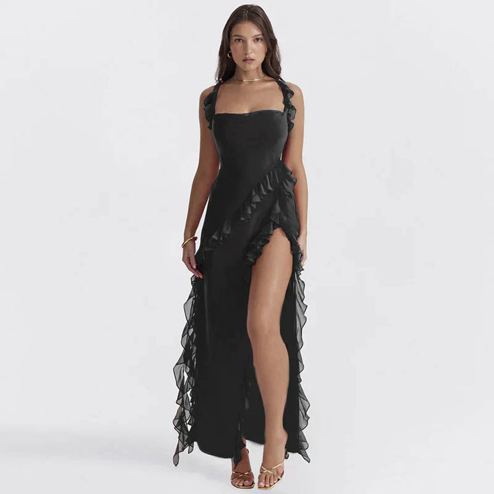 Trendy women's maxi dress with ruffles & chiffon for summer – Amira-Black-S-The Livary