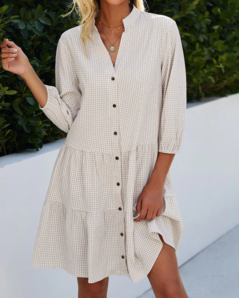 Light summer dress for women made of cotton with V-neck – Nayana-Khaki-S-The Livary