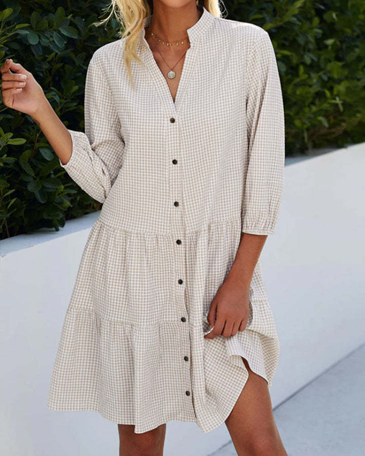 Light summer dress for women made of cotton with V-neck – Nayana-Khaki-S-The Livary