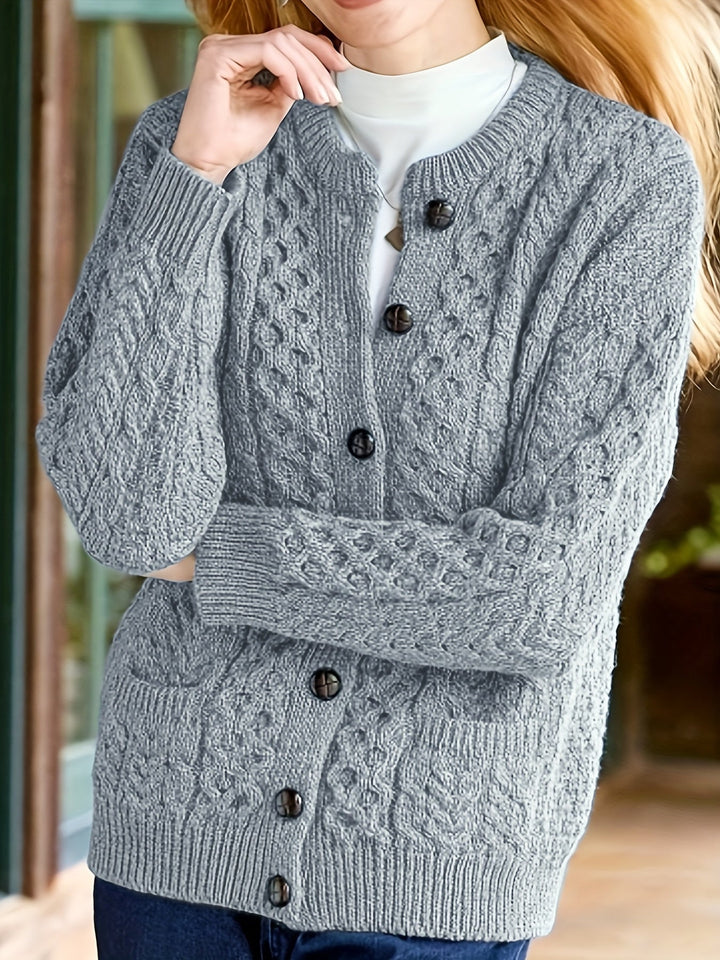 Plain Knitted Cardigan with Button Closure and Pockets - Olivia-Silver grey-S-The Livary