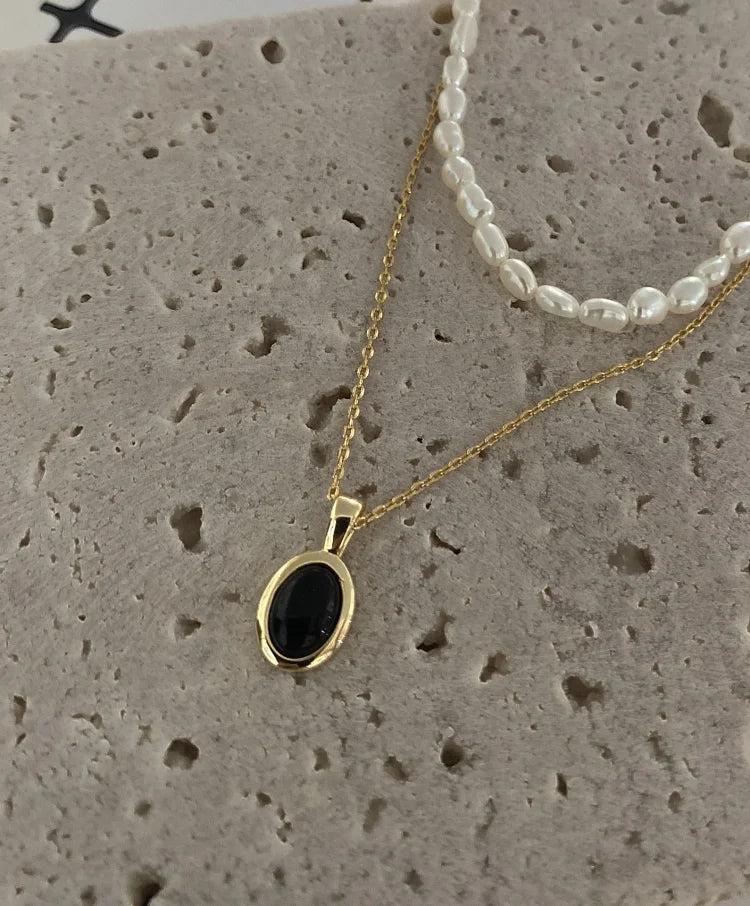 Black Onyx and Pearl Stack Necklace - Aria-The Livary