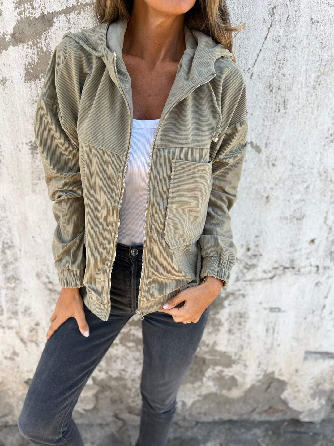 Women's leisure jacket with hood and zipper – Liana-Beige-S-The Livary