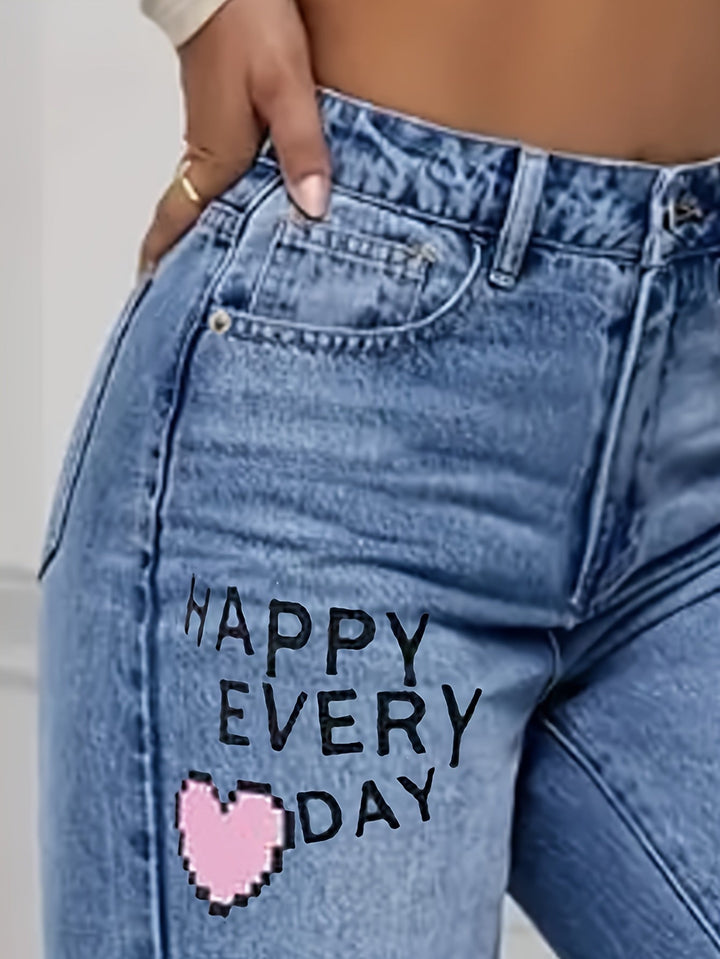 Ladies Jeans with Hearts and Graffiti Print - Lotte-XS-Medium Blue-The Livary