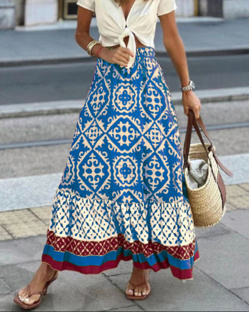 Printed Boho maxi skirt with a flowing cut & fringes – Yalina-Blue-S-The Livary