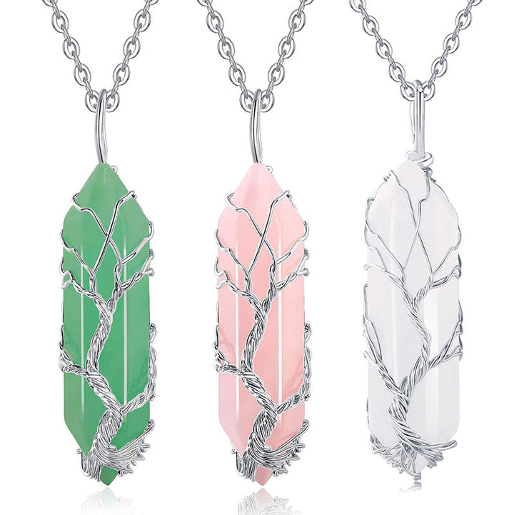 Stylish Crystal with Tree of Life Gemstone Necklace - Elara-Green Aventurine-The Livary