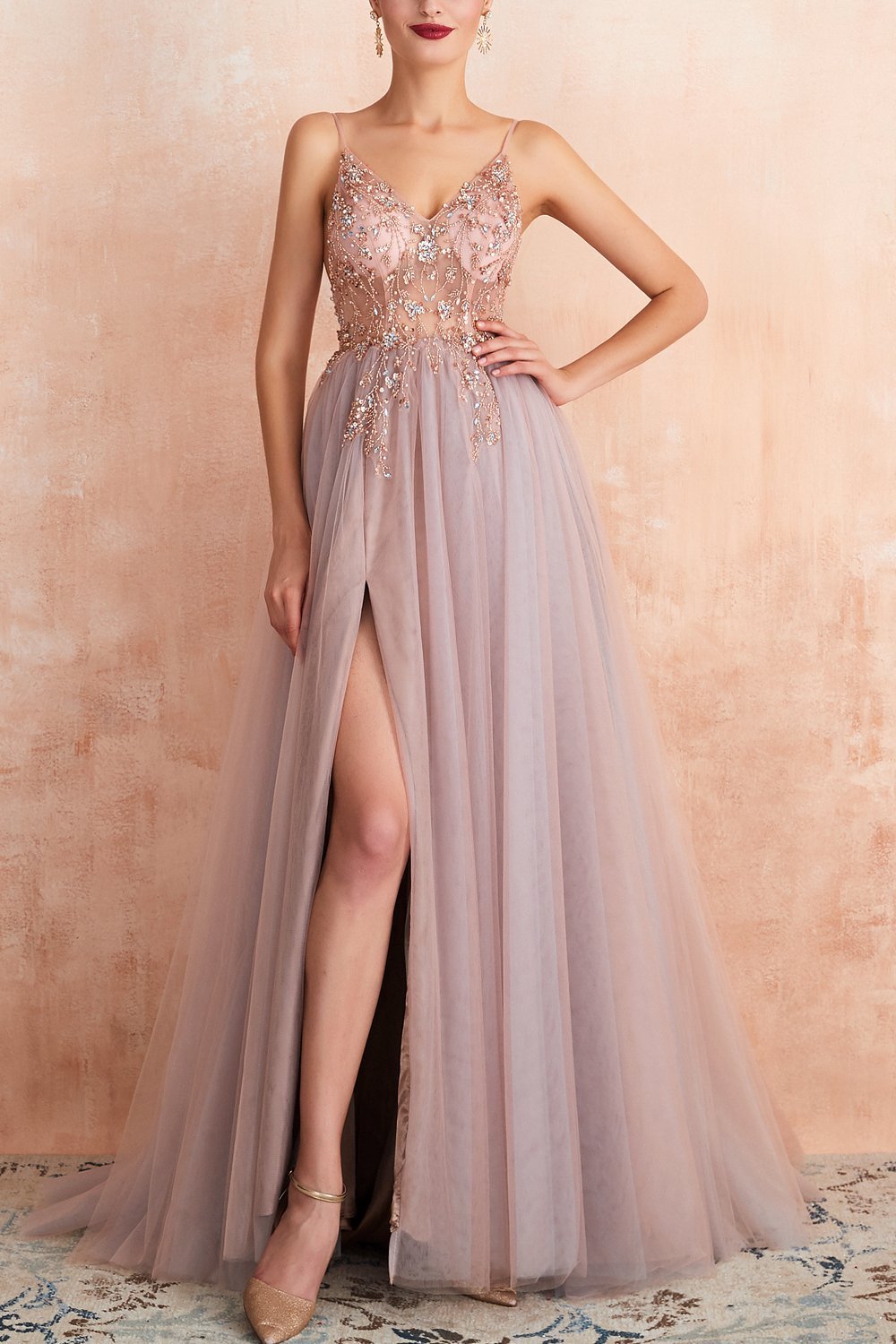 Stylish Tulle Evening Dress with V-Neck and Split - Elena-Pink-EU32-The Livary