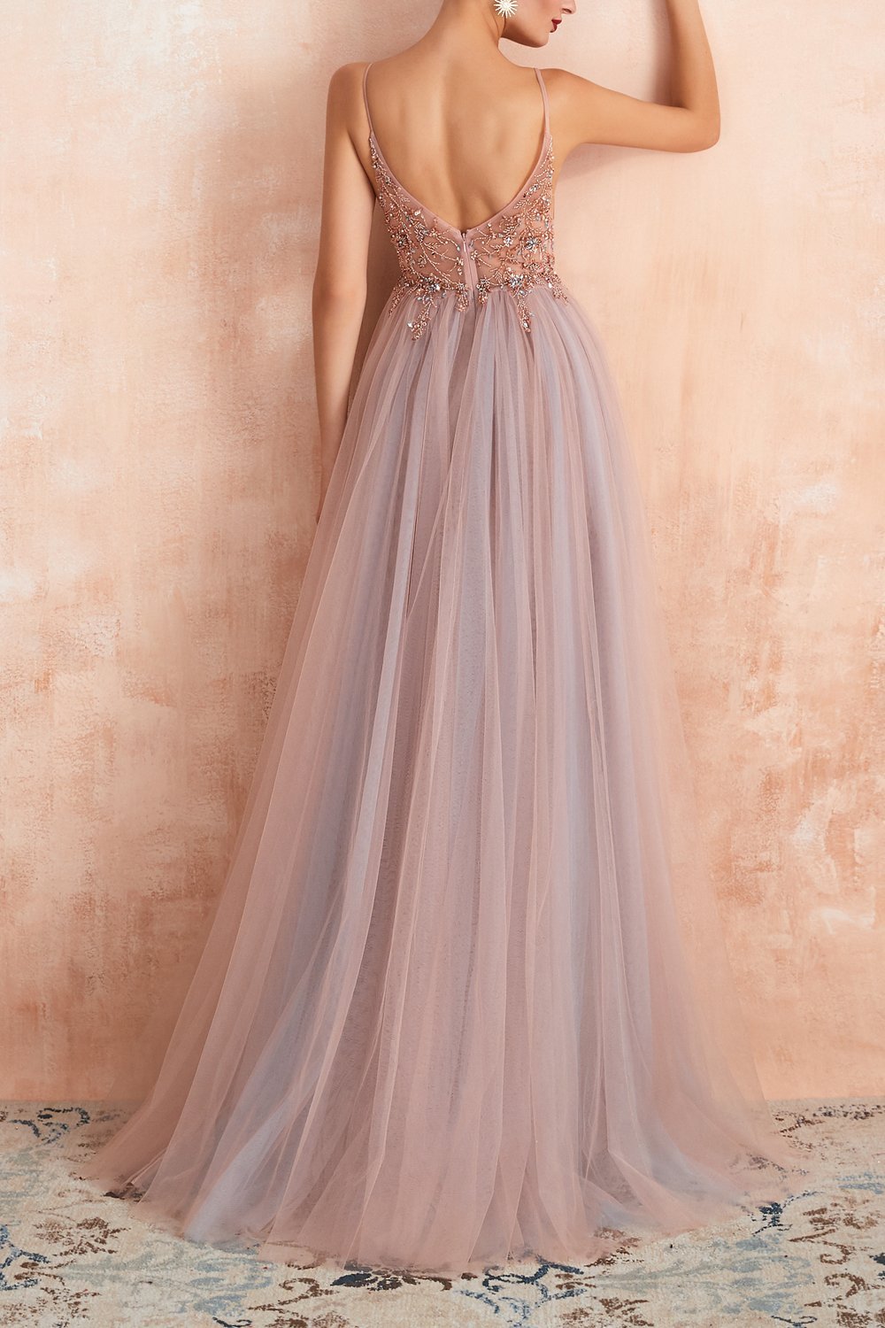 Stylish Tulle Evening Dress with V-Neck and Split - Elena-Light blue-EU32-The Livary