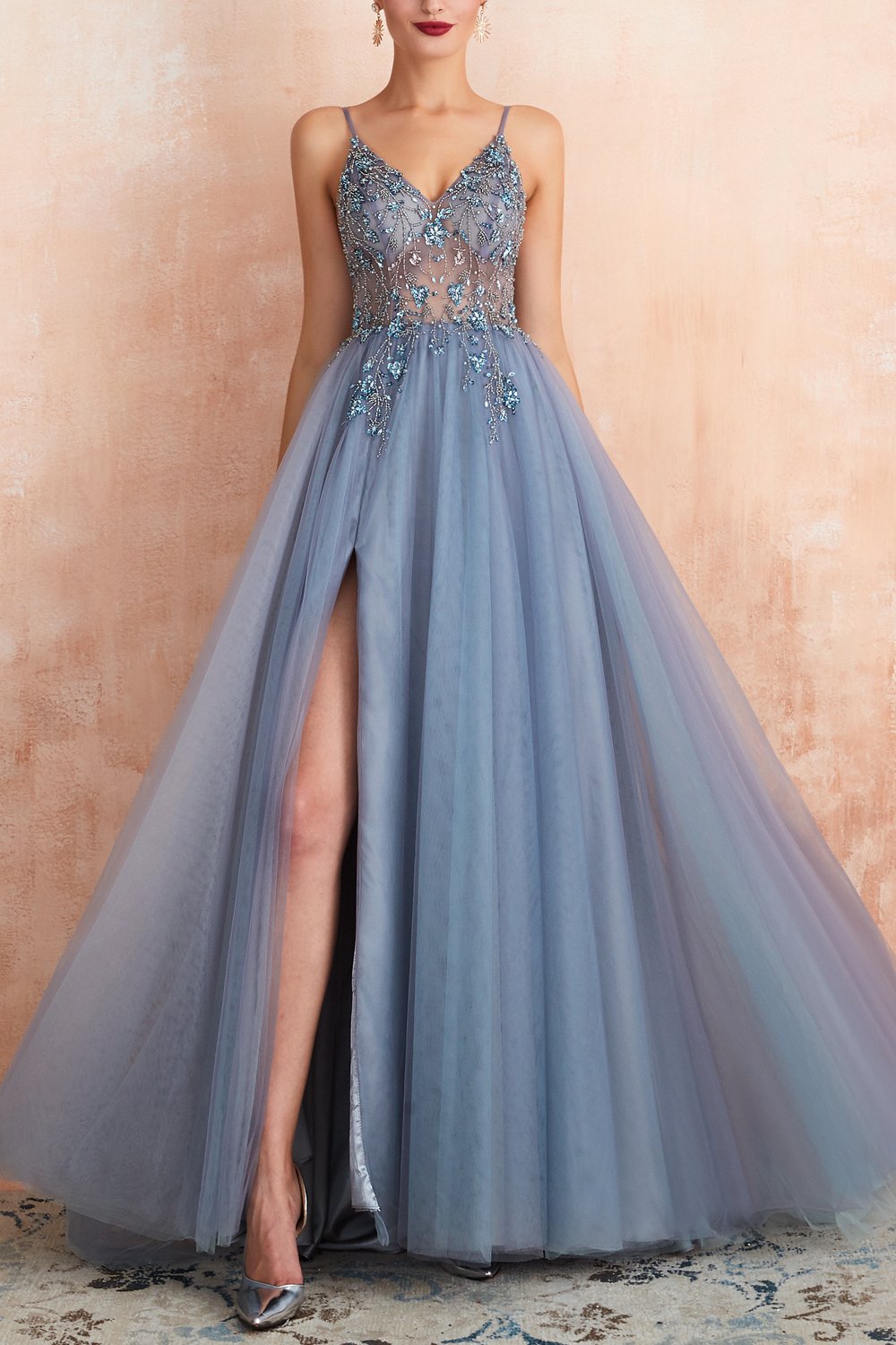 Stylish Tulle Evening Dress with V-Neck and Split - Elena-Light blue-EU32-The Livary