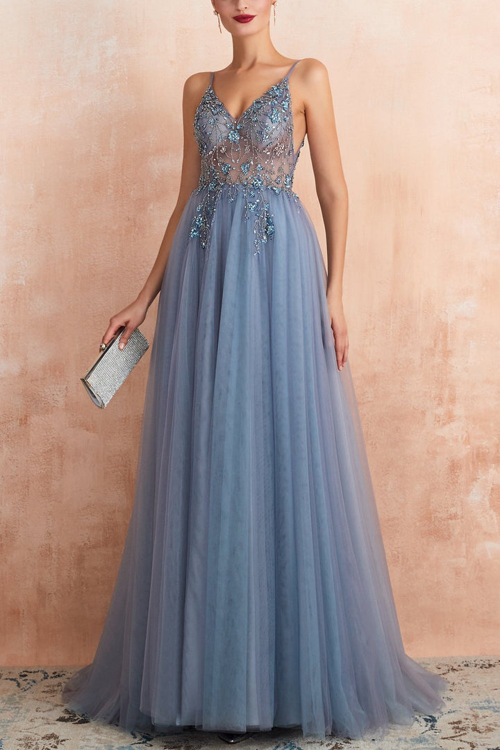 Stylish Tulle Evening Dress with V-Neck and Split - Elena-Light blue-EU32-The Livary